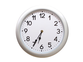 Round Silver Wall Clock Showing 06:35 or 18:35 Isolated-White. Useful for concepts like noon, midnight, deadline, countdown, or time management.