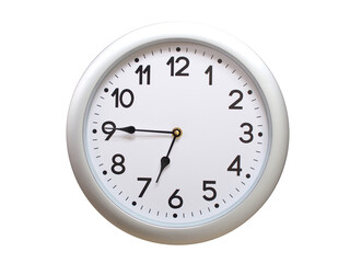 Round Silver Wall Clock Showing 06:45 or 18:45 Isolated-White. Useful for concepts like noon, midnight, deadline, countdown, or time management.