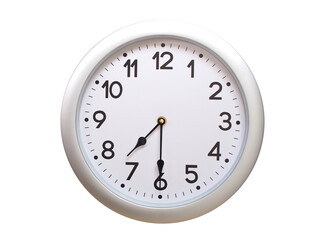 Round Silver Wall Clock Showing 07:30 or 19:30 Isolated-White. Useful for concepts like noon,...
