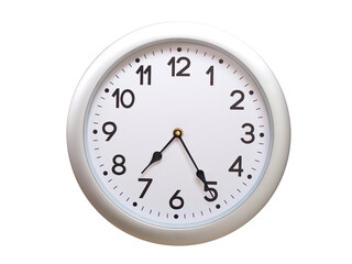 Round Silver Wall Clock Showing 07:25 or 19:25 Isolated-White. Useful for concepts like noon, midnight, deadline, countdown, or time management.