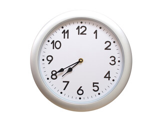 Round Silver Wall Clock Showing 07:40 or 19:40 Isolated-White. Useful for concepts like noon,...