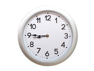 Round Silver Wall Clock Showing 08:45 or 20:45 Isolated-White. Useful for concepts like noon, midnight, deadline, countdown, or time management.