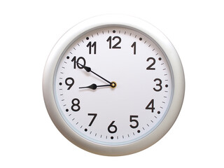 Round Silver Wall Clock Showing 08:50 or 20:50 Isolated-White. Useful for concepts like noon, midnight, deadline, countdown, or time management.