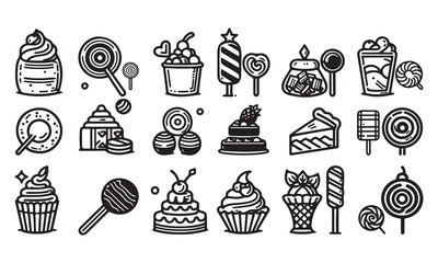  Set of Candy and Desserts line art icon silhouette vector art illustration
