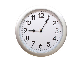 Round Silver Wall Clock Showing 09:05 or 21:05 Isolated-White. Useful for concepts like noon, midnight, deadline, countdown, or time management.