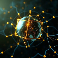 "A golden blockchain cube network connecting through the digital globe, with financial data flowing around, modern fintech concept, glowing blue lines, high detail, 4K render"


