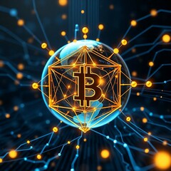 "A golden blockchain cube network connecting through the digital globe, with financial data flowing around, modern fintech concept, glowing blue lines, high detail, 4K render"

