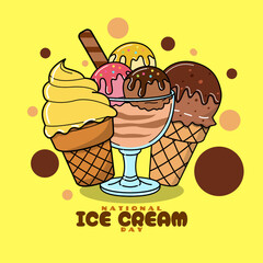 National Ice Cream Day to celebrate on third Sunday in July. Illustration of ice cream cones and a glass of three flavors of ice cream on yellow background. Dessert event banner