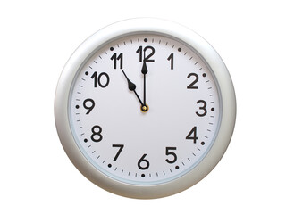 Round Silver Wall Clock Showing 11:00 or 23:00 Isolated-White. Useful for concepts like noon,...