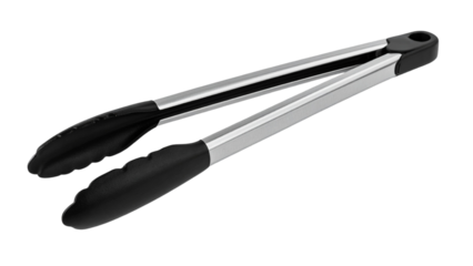 Stainless steel kitchen tongs with black rubber grips designed for cooking and serving on transparent background.