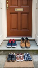 A collection of different pairs of shoes placed outside a front door