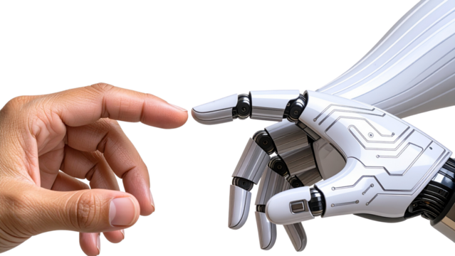 A human hand and a robotic hand reaching towards each other suggest a connection between humanity and technology on transparent background.