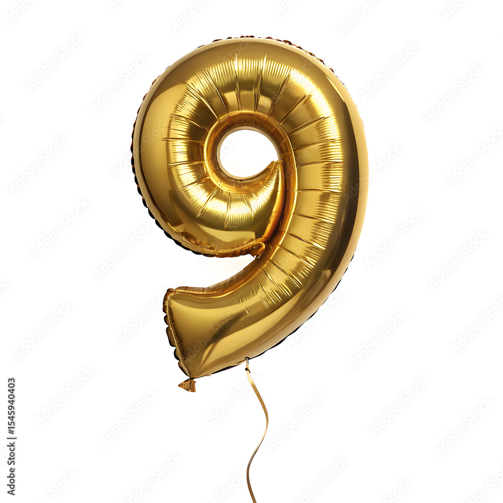 Fototapete a balloon shaped like the number 9 ,gold metallic finish with realistic reflections and smooth textu