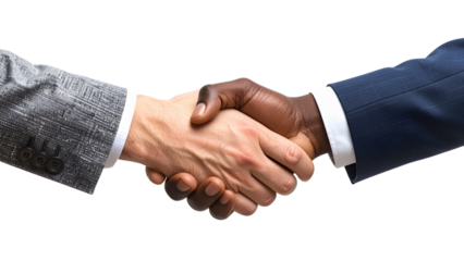 A human hand and a robotic hand reaching towards each other suggest a connection between humanity and technology on transparent background.