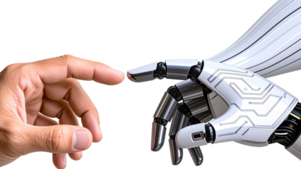 A human hand and a robotic hand reaching towards each other suggest a connection between humanity and technology on transparent background.