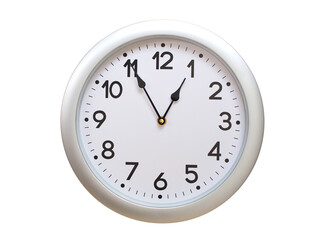 Round Silver Wall Clock Showing 00:55 or 12:55 Isolated-White. Useful for concepts like noon, midnight, deadline, countdown, or time management.