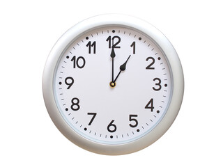 Round Silver Wall Clock Showing 01:00 or 13:00 Isolated-White. Useful for concepts like noon,...