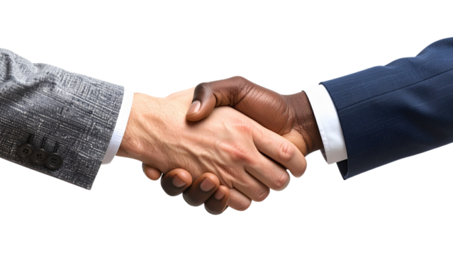 A human hand and a robotic hand reaching towards each other suggest a connection between humanity and technology on transparent background.