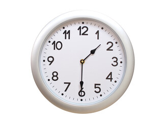 Round Silver Wall Clock Showing 01:30 or 13:30 Isolated-White. Useful for concepts like noon, midnight, deadline, countdown, or time management.