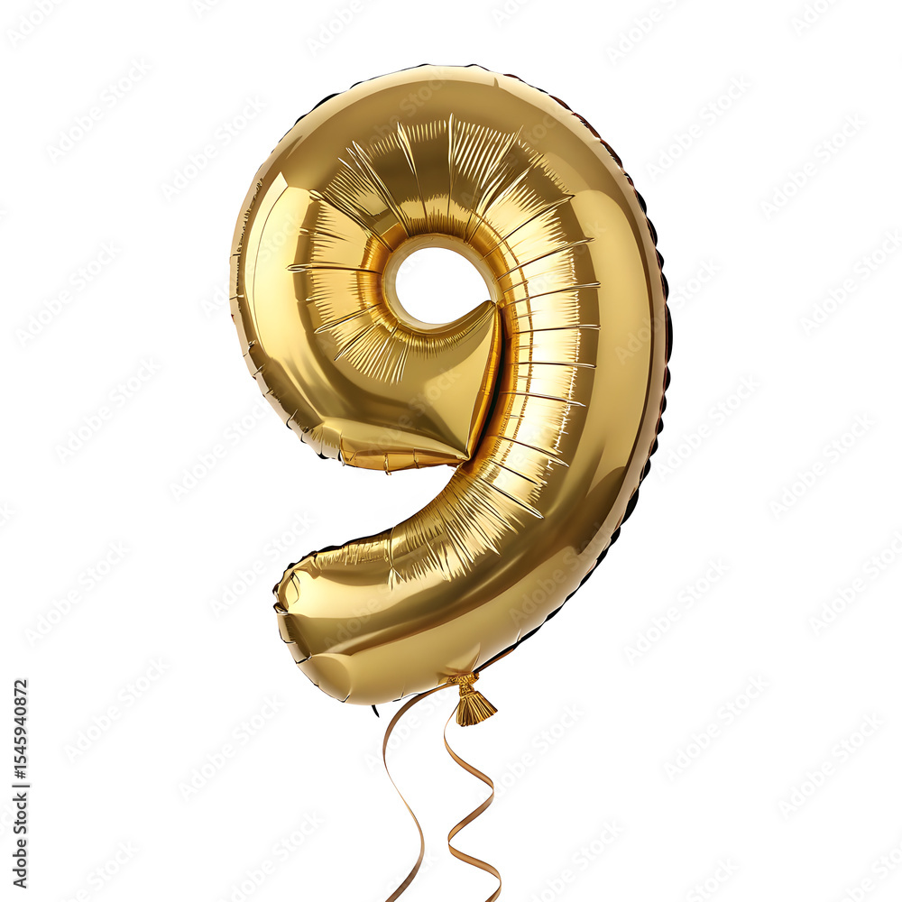 Fototapete a balloon shaped like the number 9 ,gold metallic finish with realistic reflections and smooth textu
