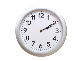 Round Silver Wall Clock Showing 02:10 or 14:10 Isolated-White. Useful for concepts like noon,...