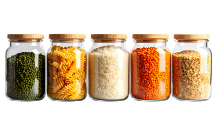 Five glass jars with metal lids filled with rice, red lentils, chickpeas, millet, and various beans on transparent background.