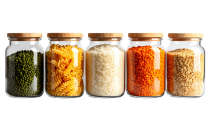 Five glass jars with metal lids filled with rice, red lentils, chickpeas, millet, and various beans on transparent background.