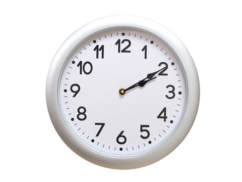 Round Silver Wall Clock Showing 02:10 or 14:10 Isolated-White. Useful for concepts like noon, midnight, deadline, countdown, or time management.