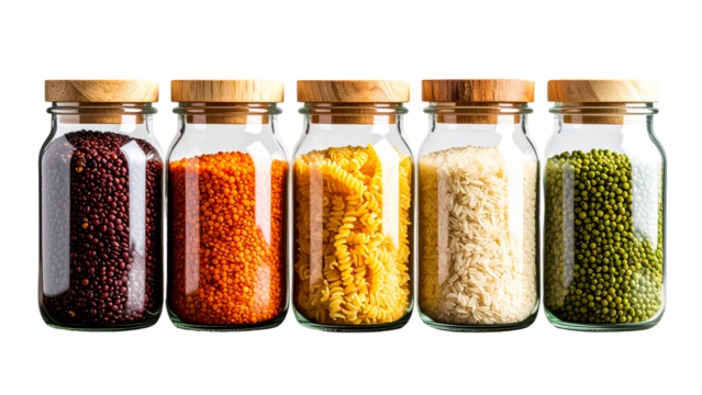 Five glass jars with metal lids filled with rice, red lentils, chickpeas, millet, and various beans on transparent background.