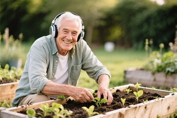 Fototapeta premium Grandpa Tending Garden While Listening to Music