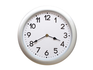 Round Silver Wall Clock Showing 03:40 or 15:40 Isolated-White. Useful for concepts like noon, midnight, deadline, countdown, or time management.