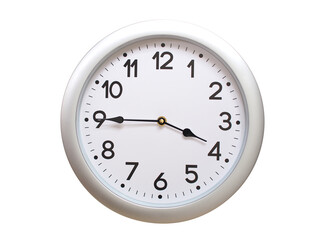 Round Silver Wall Clock Showing 03:45 or 15:45 Isolated-White. Useful for concepts like noon, midnight, deadline, countdown, or time management.