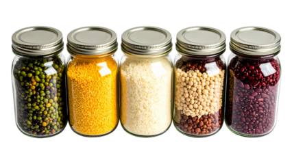 Five glass jars with metal lids filled with rice, red lentils, chickpeas, millet, and various beans on transparent background.