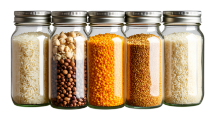 Five glass jars with metal lids filled with rice, red lentils, chickpeas, millet, and various beans on transparent background.