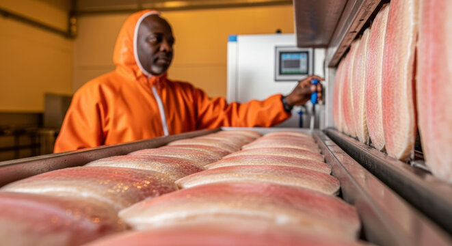 Worker in orange protective suit operating fish processing equipment with rows of packaged fillets in modern factory