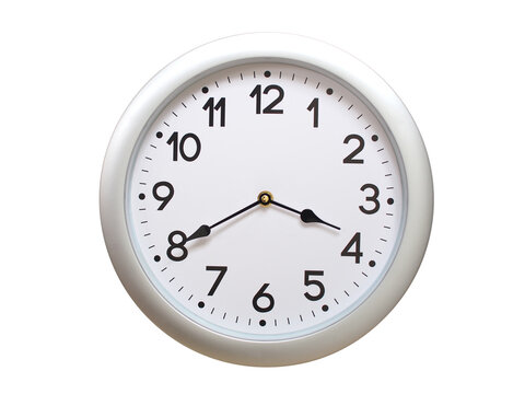 Round Silver Wall Clock Showing 03:40 or 15:40 Isolated-White. Useful for concepts like noon, midnight, deadline, countdown, or time management.