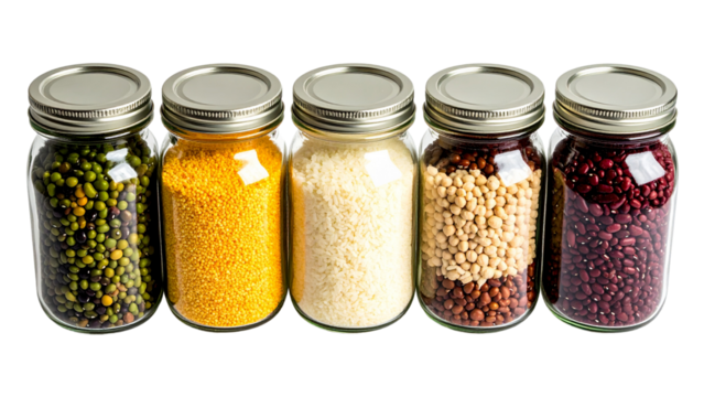 Five glass jars with metal lids filled with rice, red lentils, chickpeas, millet, and various beans on transparent background.