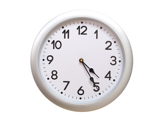 Round Silver Wall Clock Showing 04:25 or 16:25 Isolated-White. Useful for concepts like noon, midnight, deadline, countdown, or time management.