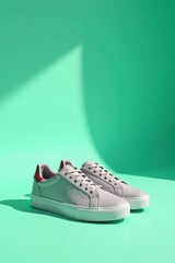 Mint green backdrop, grey sneakers cast soft shadow , grey, mockup