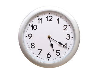 Round Silver Wall Clock Showing 05:20 or 17:20 Isolated-White. Useful for concepts like noon, midnight, deadline, countdown, or time management.