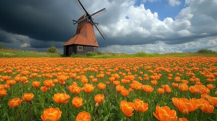 A field of vibrant orange tulips with a traditional windmill.