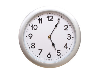 Round Silver Wall Clock Showing 05:05 or 17:05 Isolated-White. Useful for concepts like noon,...