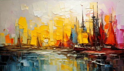 Abstract painting of a city landscape by the river