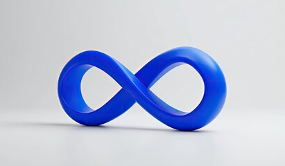 Fototapeta premium A smooth, 3D-rendered, vibrant blue infinity symbol rests on a minimalist white background. Its glossy surface subtly reflects light
