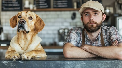 A friendly dog and a barista share a moment in a cozy cafe, showcasing a pet-friendly atmosphere and the bond between pets and their owners in a welcoming space for all.