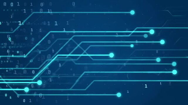 Futuristic digital technology background illustrating data flow and network connections with glowing circuitry and binary information.