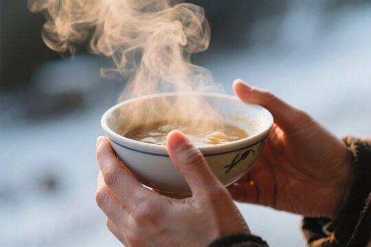 Hand holding hot soup