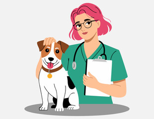 Cute veterinarian checking pets health cartoon