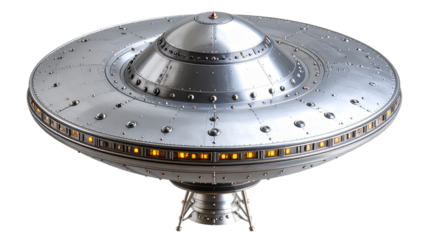 Silver metallic UFO-shaped object with a smooth, shiny surface and intricate detailing on transparent background.