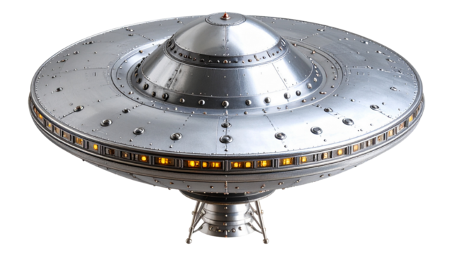 Silver metallic UFO-shaped object with a smooth, shiny surface and intricate detailing on transparent background.